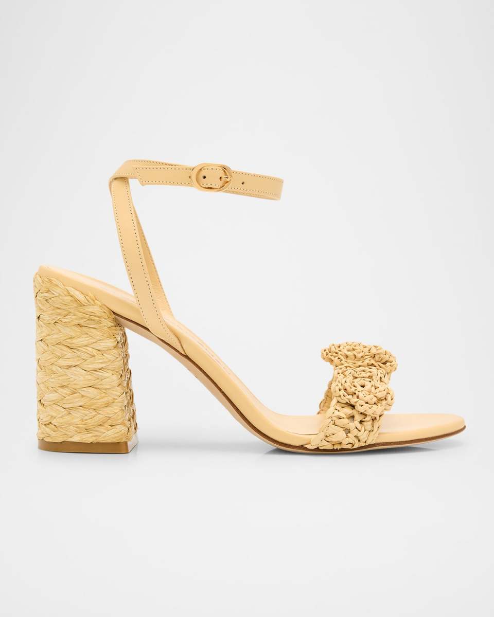 Magnolia Floral Raffia Ankle-Strap Sandals